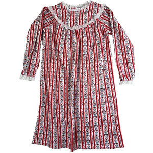 Lanz Nightgown Girls M 7/8 Red White Tyrolean Floral Fleece Eyelet Lace